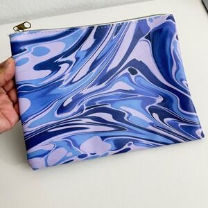Paper Source Blue Purple Marble Swirl Zipper Pouch PU Leather Makeup Travel Bag